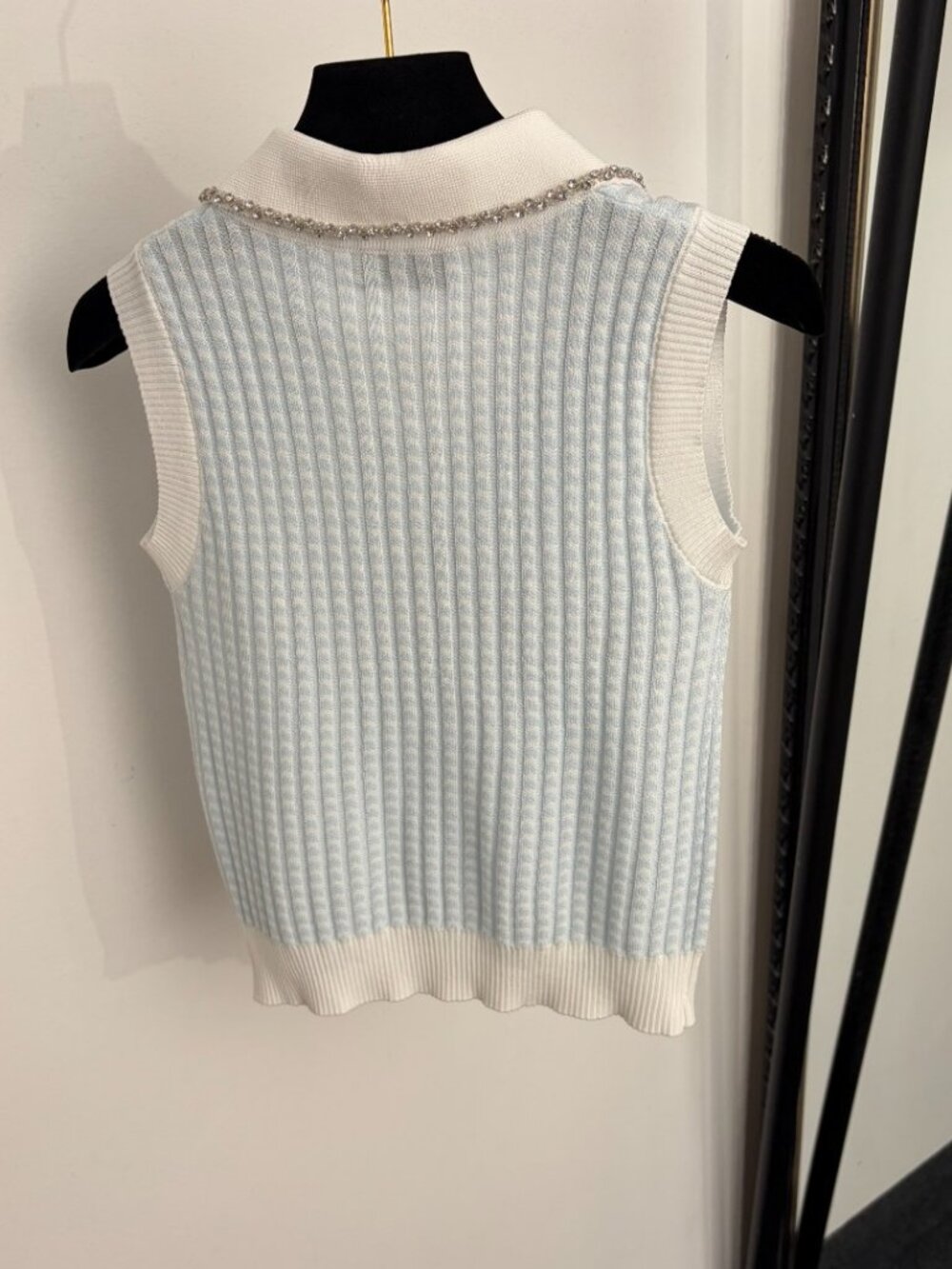 Miu Miu Light Blue Diamond-Embellished Collared Knit Tank Top - Picture 6 of 9